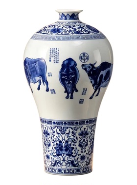 景德镇青花五牛图官窑花瓶摆件