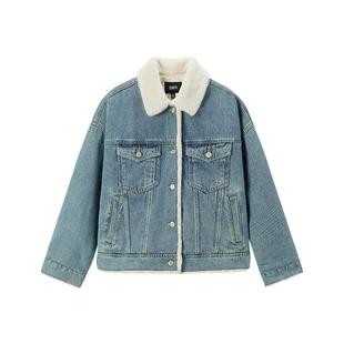 森马牛仔外套女拼接仿兔毛翻领宽松潮流港风冬季落肩夹棉夹克复古