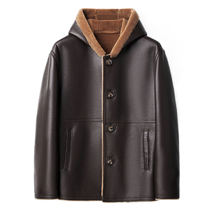 全羊毛颗粒绒连帽皮毛一体外套男士短款加绒加厚羊剪绒皮草夹克潮