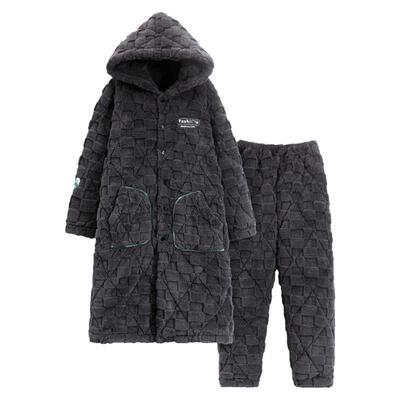 新款三层夹棉睡衣套装男士