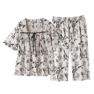 睡衣女夏季莫代尔短袖七分裤薄款夏天中年妈妈冰丝凉感夏款家居服