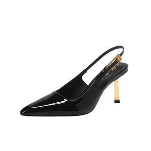 黑色包头高跟鞋女2025新款夏季漆皮后空单鞋细跟法式绝美高跟凉鞋
