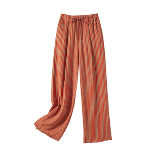 YANGLE_条纹亚麻休闲裤女2025年新款夏季轻薄垂感拖地抽绳直筒裤