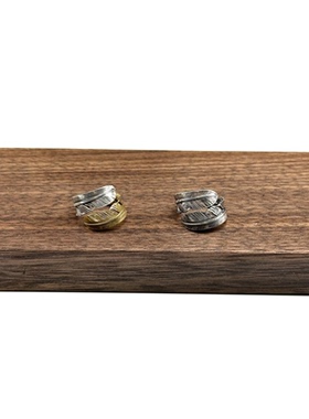 WANGWANG做旧925纯银黄铜镀金双羽毛情侣可调节银饰素银潮流戒指