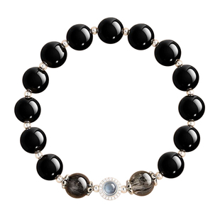 遇见普陀山天然黑曜石手串黑发晶石男女手串海蓝宝手链情人节礼物