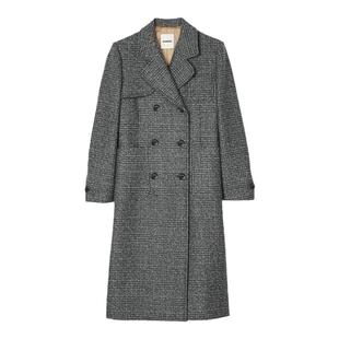 SANDRO秋冬女装法式时尚优雅灰色复古格纹翻领长款毛呢大衣外套