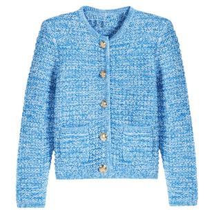 新品纯元法式复古蓝色夹花针织衫小香风开衫圆领长袖单排扣毛衣女