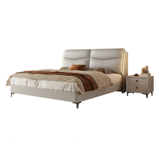 轻奢皮床主卧双人大床现代简约1.8米婚床1.5米高箱储物床带感应灯