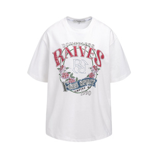 RAIVE2026春流行女宽松白色玫瑰英文印花韩复古短袖T恤南法花环T