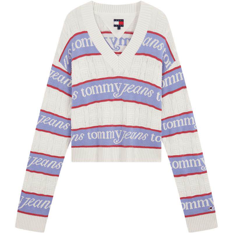 Tommy女装提花条纹V领宽松针织衫