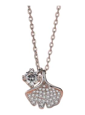 纯18K白金设计感进口D色莫桑石小银杏叶带钻项链时尚扇形锁骨链潮