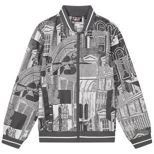 FILA 斐乐官方男子梭织外套2023秋时尚潮流满印宽松棒球外套