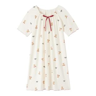 泰迪熊联名纯棉睡裙女夏长款短袖家居服2025新款女士可爱睡衣夏季