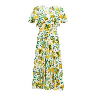 DVF荷叶袖茶歇裙植物印花复古绉纱连衣裙DS2S040