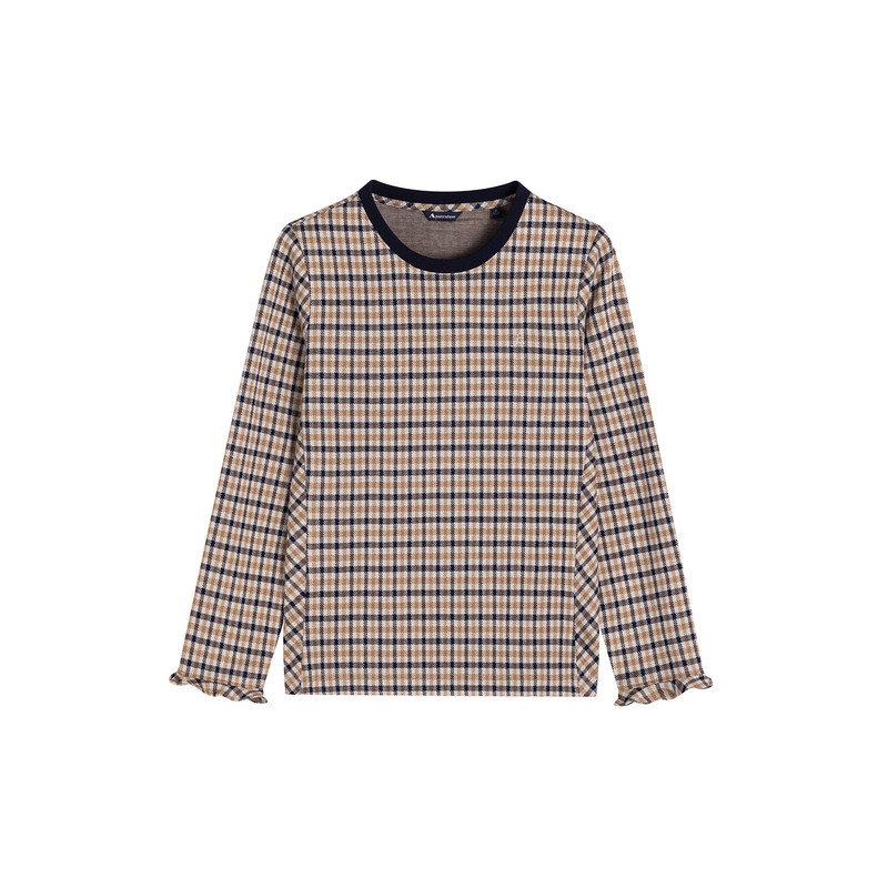 Aquascutum/雅格狮丹秋冬新品女士英伦风格纹荷叶边长袖T恤气质
