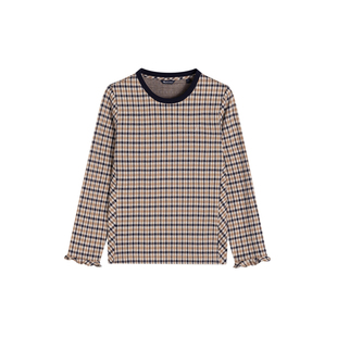 Aquascutum/雅格狮丹秋冬新品女士英伦风格纹荷叶边长袖T恤气质