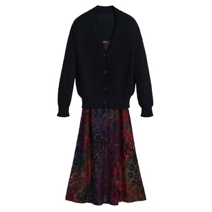 desigual26春夏新品两件套渐变红色烂花女连衣裙黑色针织衫套装