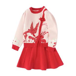 巴拉巴拉童装儿童套装女童秋冬装红色新中式两件套提花洋气小童