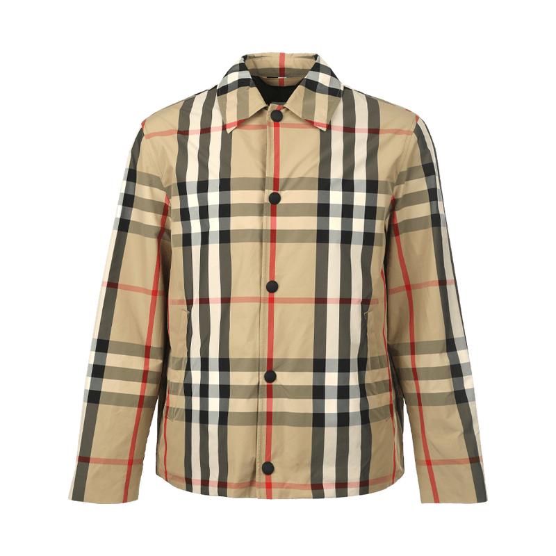 【自营】BURBERRY/博柏利男士卡其色格纹衬衫领系扣春秋夹克外套