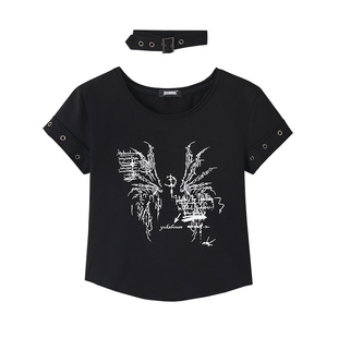 YUKAHOUSE 亚文化黑色翅膀印花短袖T恤紧身辣妹纯棉上衣春夏新款