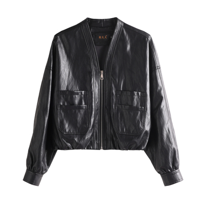 海宁真皮皮衣女短款宽松V领外套