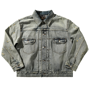 旧化系列TYPE2二代重工水洗破坏赤耳丹宁格纹牛仔夹克 MBCBAR窄幅