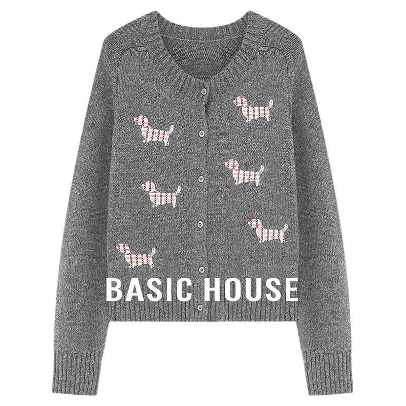 Basic House/百家好灰色圆领刺绣毛衣开衫女冬小众设计百搭上衣