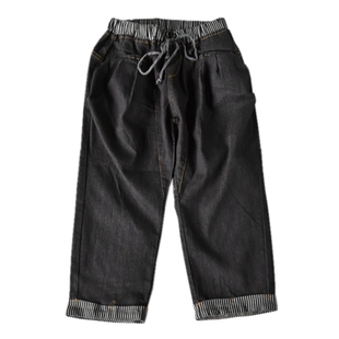 出日单夏季牛仔裤女七分裤韩版水洗弹力松紧腰翻边牛仔宽松哈伦裤