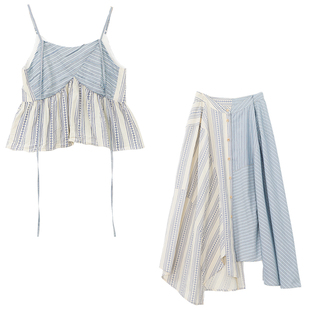 鹿与飞鸟“滨海日记”双色拼接条纹吊带半裙5961/5962