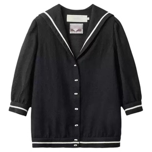 秒发！复古海军领衬衫韩国2026viaplain拼色边襟单排扣格纹上衣女