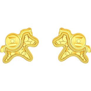 周六福金钱小马耳钉女黄金色S925银耳饰本命年送女友新年礼物