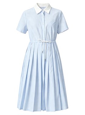 百家好蓝白条纹短袖衬衫裙通勤风