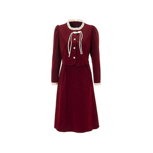 海青蓝新中式国风假两件红色连衣裙女2025秋冬新款小个子中长裙