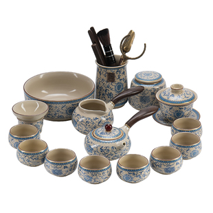 米色汝窑功夫茶具青花缠枝莲釉上彩侧把壶茶杯泡茶专用茶台一整套