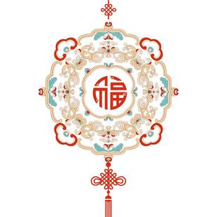 新中式春节新年玻璃门装饰贴纸窗花中国结商场店铺橱窗布置高级感