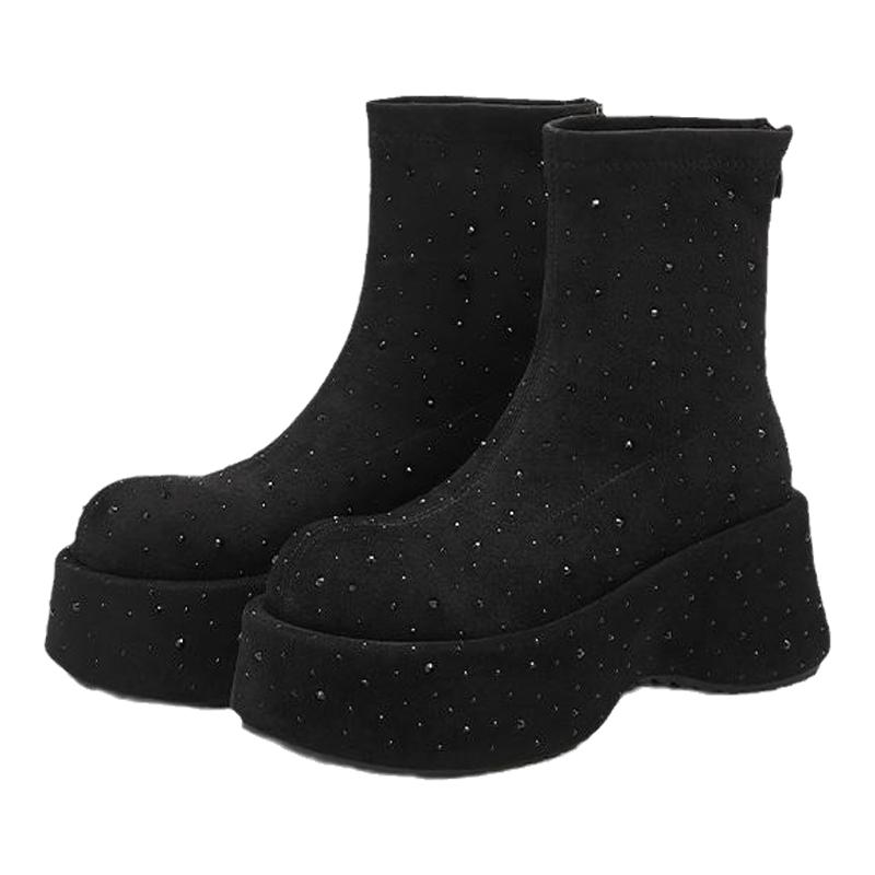 millies妙丽靴子加绒厚底增高7.5CM小个子设计感磨砂水钻短靴冬季