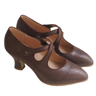 奈里法式复古牛皮巧克力交叉带玛丽珍单鞋杏仁头酒杯跟旗袍高跟鞋