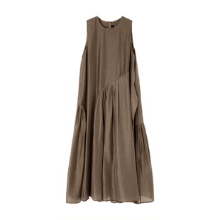 OMITI省略 高阶亚麻无袖连衣裙女不规则剪裁设计A字长裙 轻薄透气