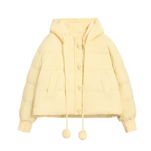 紫涵短款针织连帽拼接羽绒服女2025冬季新款黄色毛球系绳鸭绒外套
