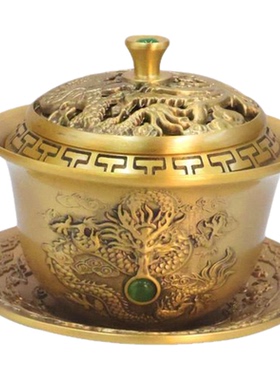 黄铜宝石龙凤盖碗三件套茶道摆件
