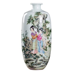 景德镇陶瓷手绘仕女图花瓶中式粉彩高白泥人物摆设手工名家装饰品