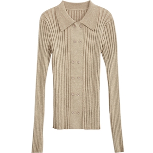 Amii2026春新款通勤气质翻领双排扣毛针织衫女修身显瘦开叉上衣