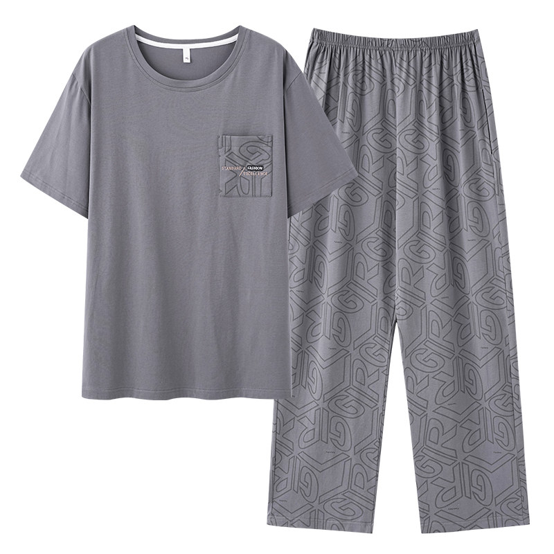 睡衣男士夏季简约纯棉短袖长裤全棉青年圆领套头加大码家居服套装
