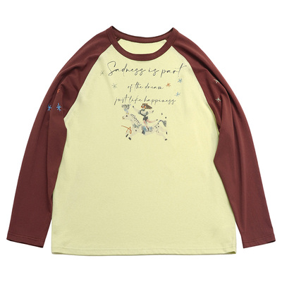 鹿与飞鸟“以梦为马”轻薄棉纺料创意印花撞色插肩袖通勤T恤6746