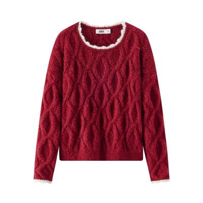 森马新年绞花花边宽松短款毛衣女