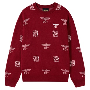 BOYLONDON秋冬新年红色毛衣满印圆领时尚套头毛衫男女同款N60032