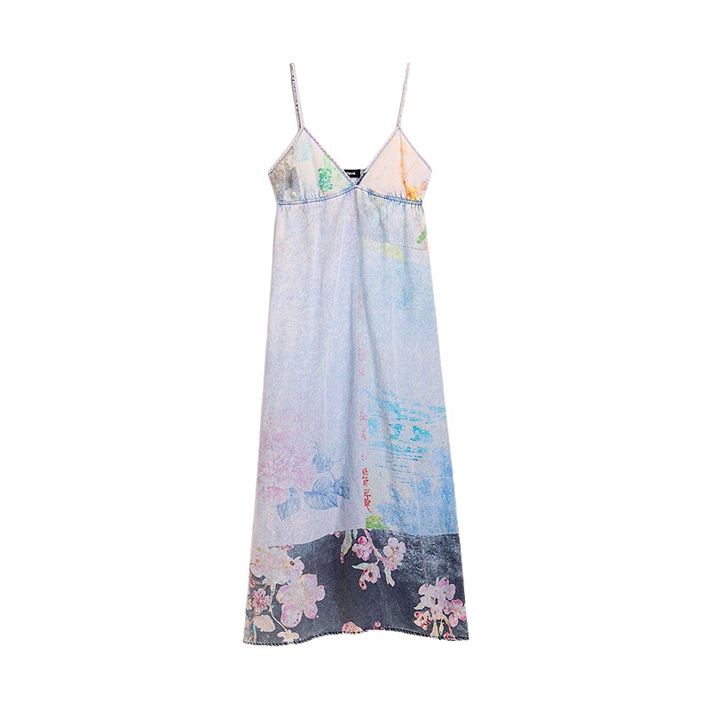 Desigual26秋冬新品牛仔渐变花卉印花V领细吊带长款连衣裙