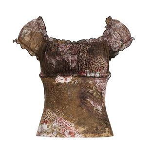 WEEKEEP 古着辣妹方领木耳边褶皱印花泡泡袖上衣百搭复古修身T恤