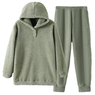 半边绒睡衣男士冬季加绒加厚珊瑚绒家居服连帽套头男生套装秋冬款