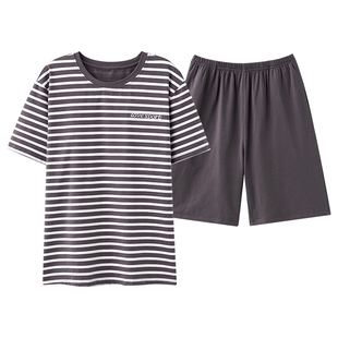 夏季大码短袖睡衣套装男士家居服条纹运动春秋天可外穿休闲薄款